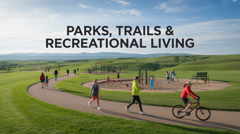 People enjoying a vibrant park with walking paths, playgrounds, and green hills under a blue sky.