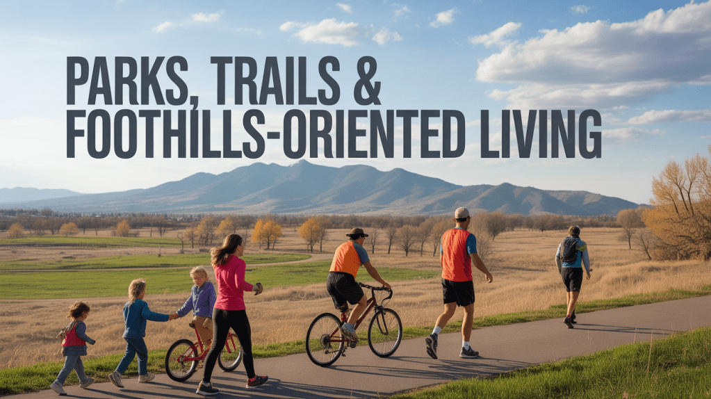 Group of people enjoying outdoor activities in a park with mountains in the background, featuring walking, jogging, and biking.