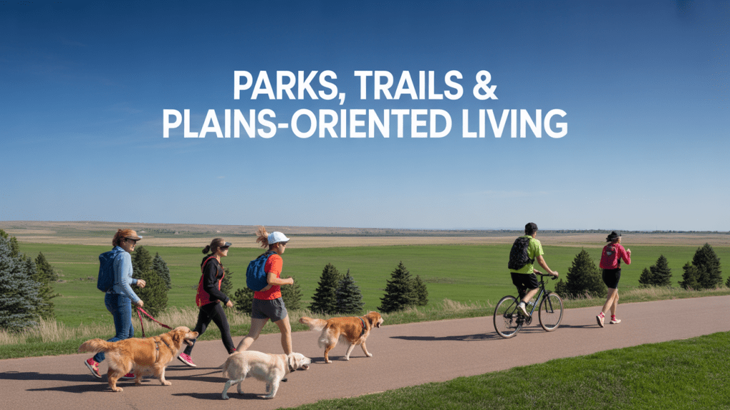A group of people walking dogs and biking along a paved trail, with a scenic view of open plains and trees under a clear blue sky, promoting a lifestyle centered around parks and outdoor activities.