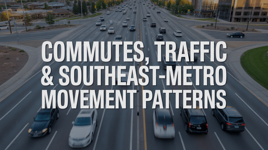 Aerial view of a busy urban highway with multiple lanes filled with cars, accompanied by text discussing commutes, traffic, and movement patterns in the southeast metro area.