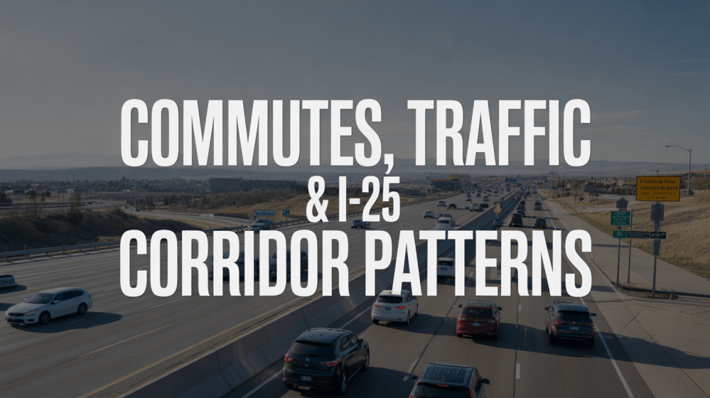 Highway scene showing cars on I-25 with signs indicating traffic patterns and commutes.