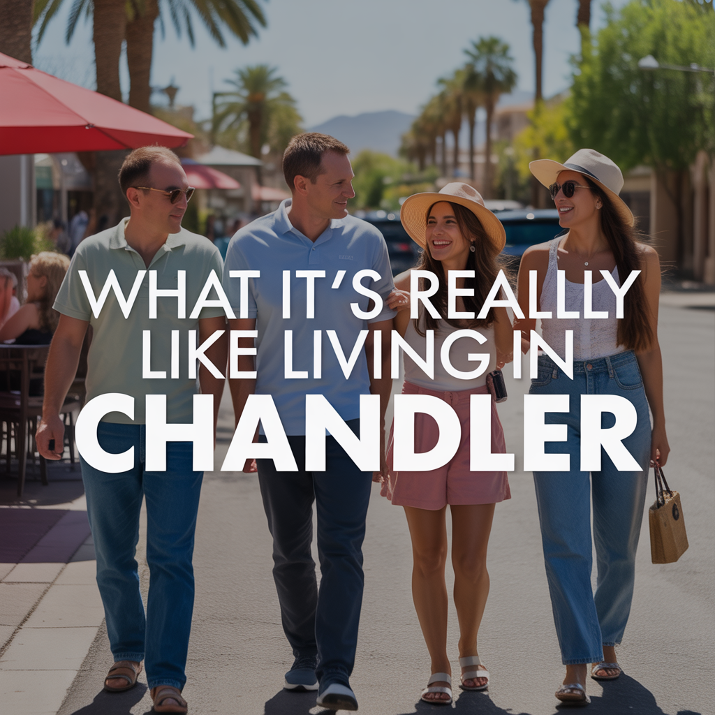 A group of friends walking together on a sunny street in Glendale, Arizona, with palm trees and outdoor dining in the background.