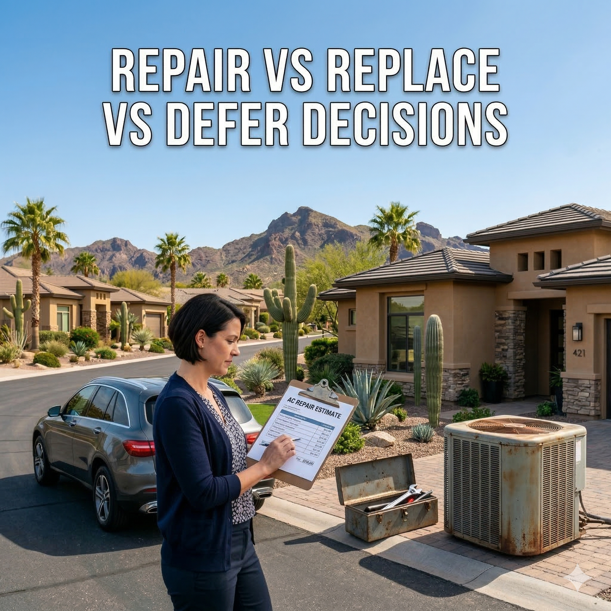 Photorealistic Phoenix homeowner evaluating an aging air conditioning unit outside a desert-style home, representing repair versus replacement decisions.