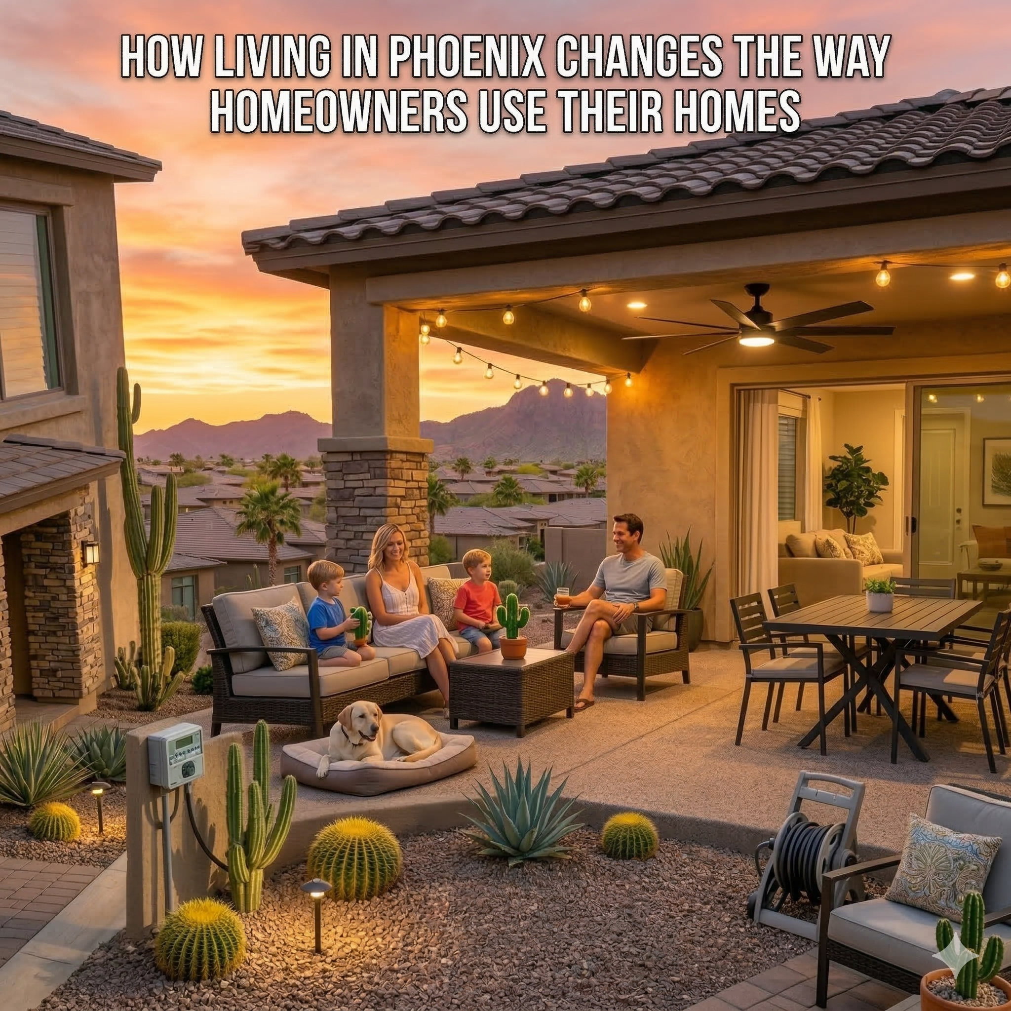 Photorealistic Phoenix backyard patio at sunset with a family relaxing outdoors, showing how homeowners adapt their homes to desert living.