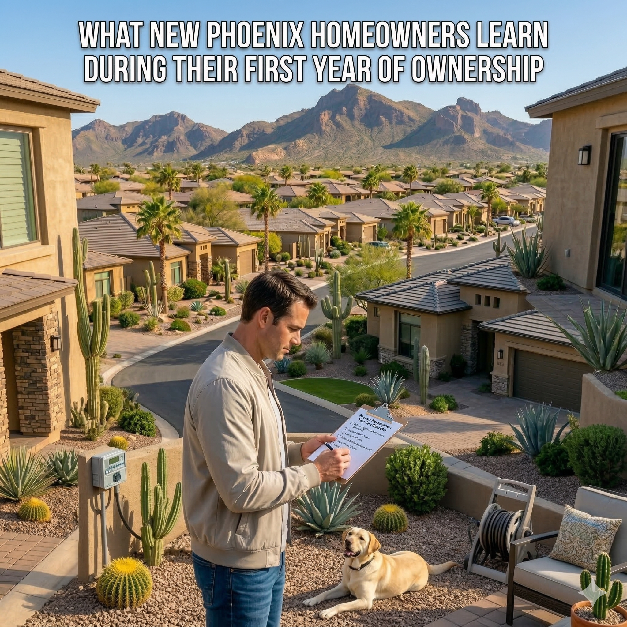 Photorealistic Phoenix homeowner adjusting a backyard irrigation system while reviewing a maintenance checklist during the first year of homeownership.