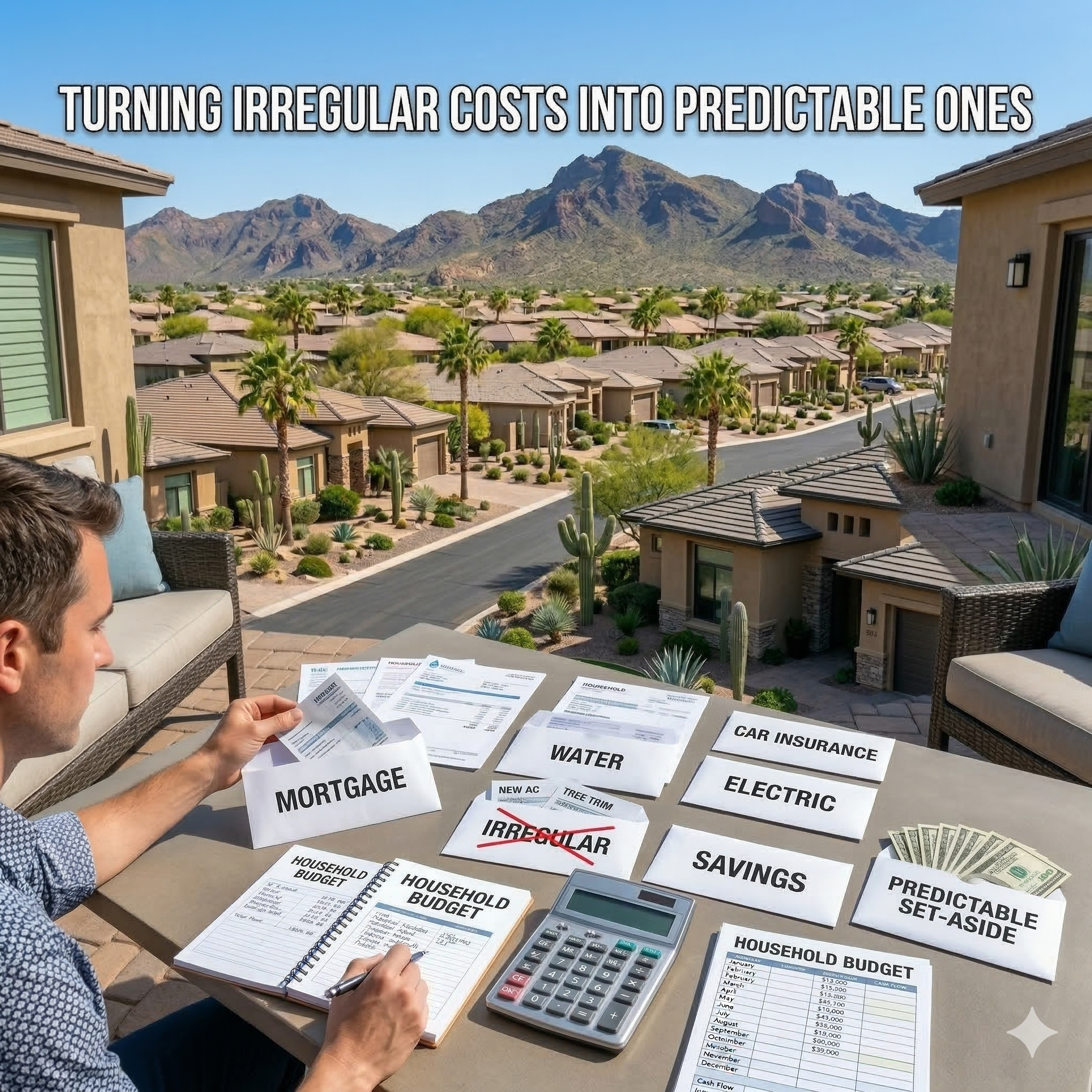 Photorealistic Phoenix homeowner organizing bills and budget envelopes on a patio table, representing turning irregular homeownership costs into predictable expenses.