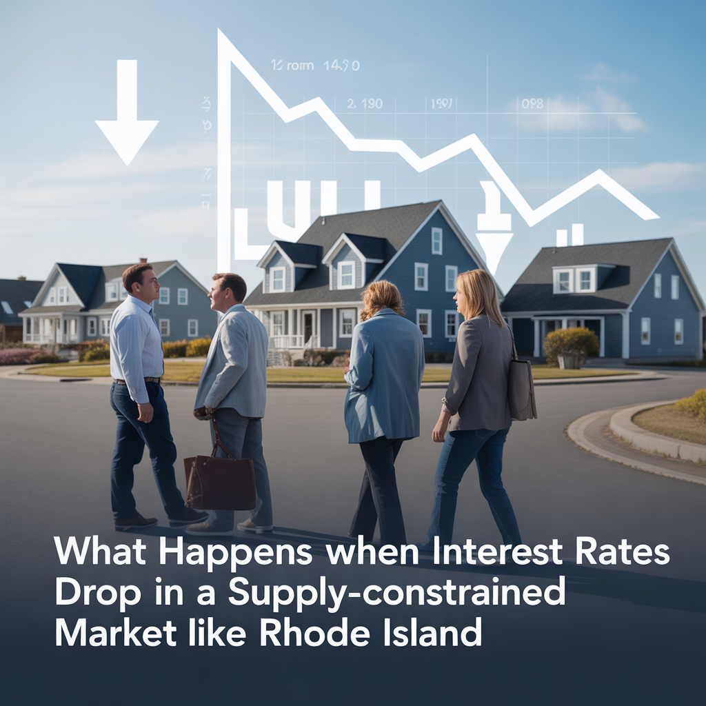 Illustration of rising buyer demand and competition in Rhode Island as interest rates fall while housing supply remains limited, highlighting increased pressure on prices and negotiations.