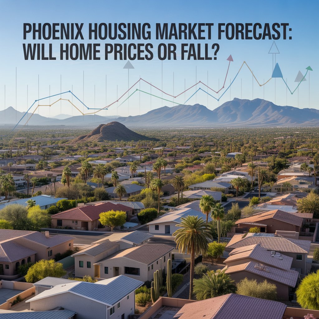 Photorealistic aerial view of Phoenix neighborhoods with subtle market trend graphics representing the housing market forecast and future home prices.