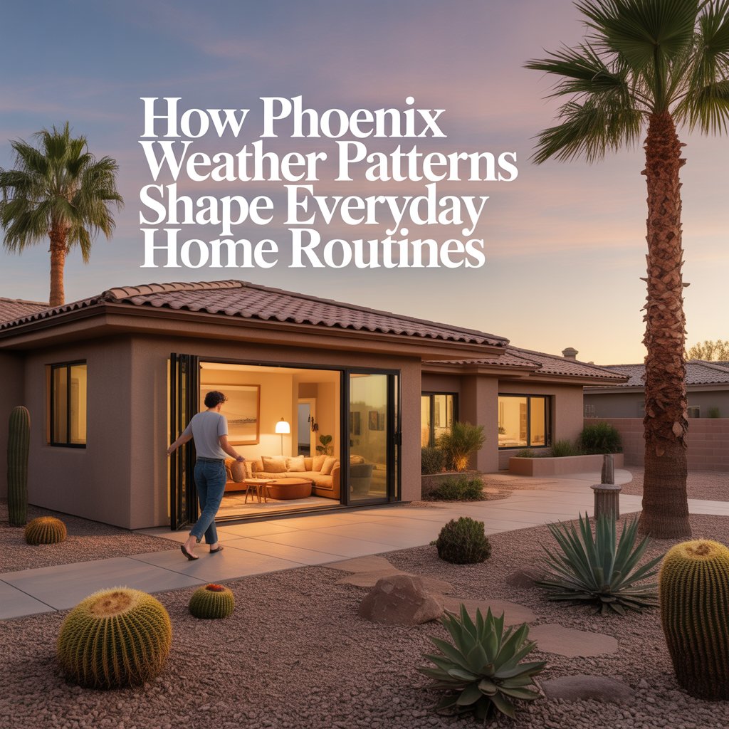 Photorealistic Phoenix homeowner opening patio doors in the morning with desert landscaping visible, representing how local weather patterns shape daily home routines.
