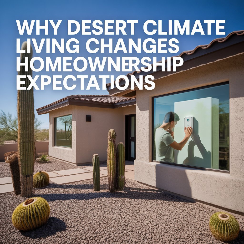 Photorealistic Phoenix home showing desert heat outside and cooled interior, illustrating how desert climate living changes homeowner expectations.