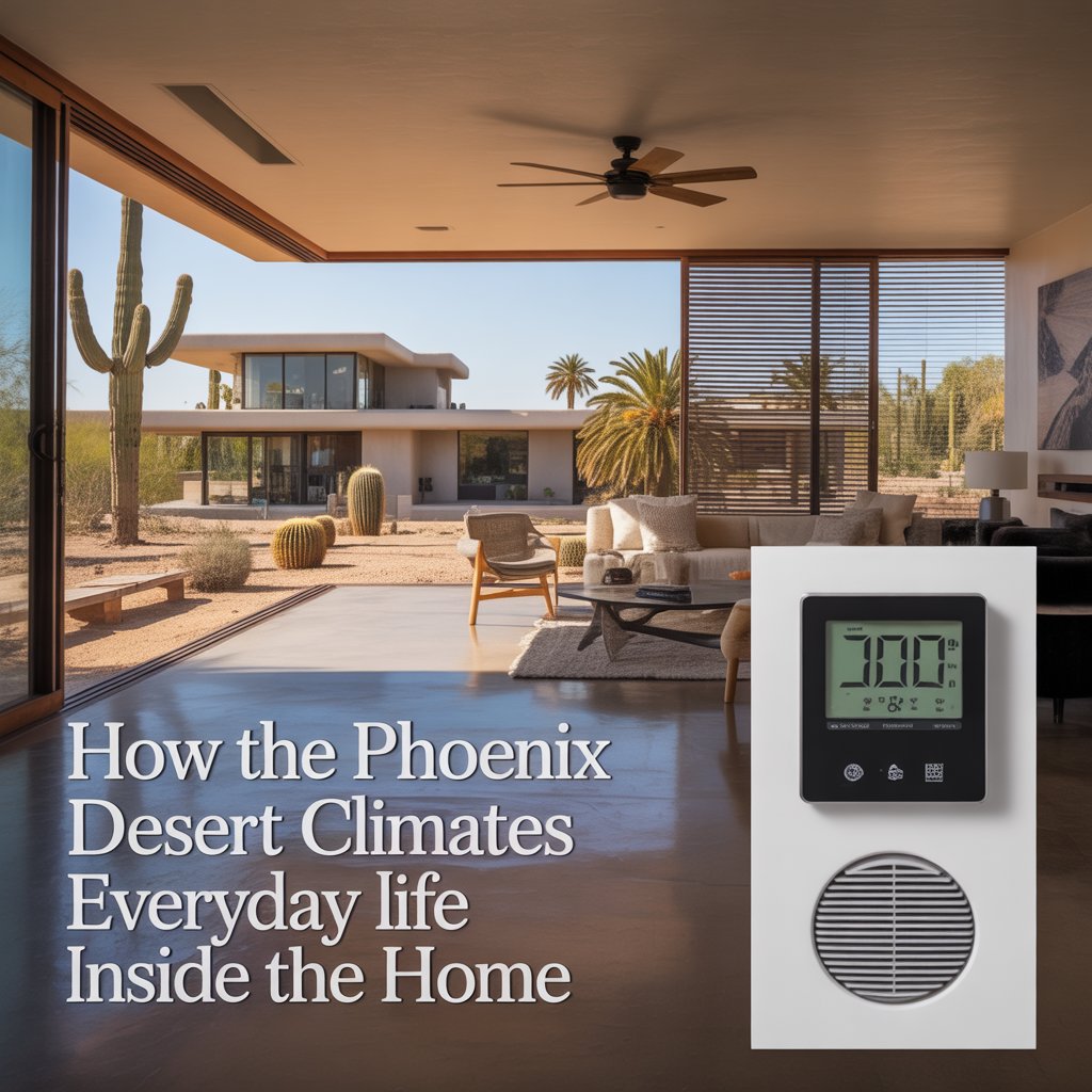 Photorealistic Phoenix home interior with closed blinds, ceiling fan, and thermostat during a hot desert afternoon showing how climate shapes daily life indoors.