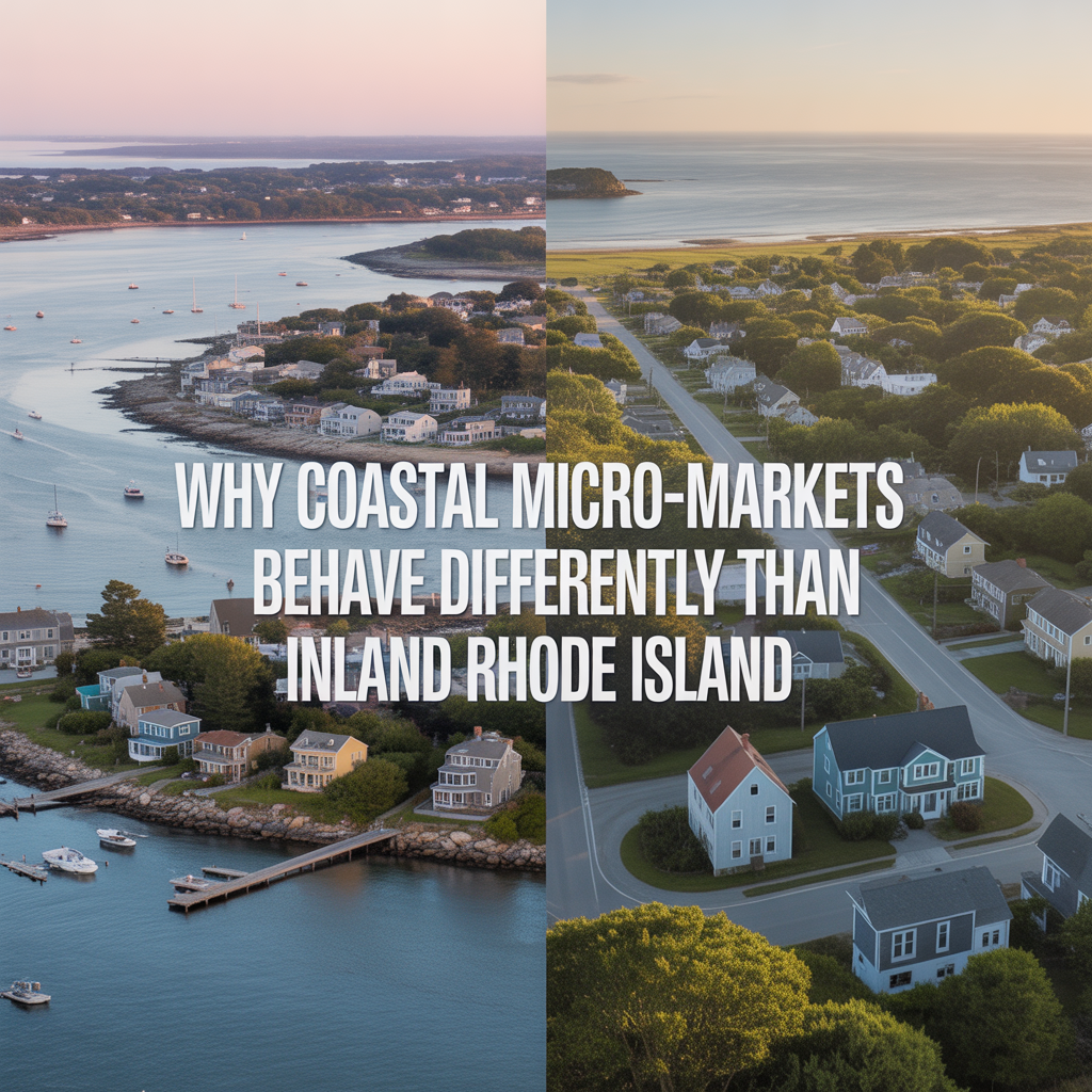 Split visual of Rhode Island coastal and inland neighborhoods, highlighting differences in housing demand, lifestyle, and market behavior between waterfront and inland areas.