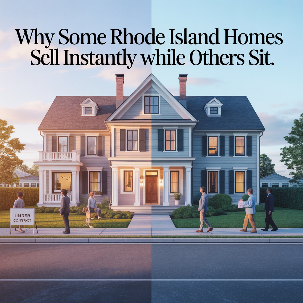 Split visual of two Rhode Island homes—one attracting immediate buyer interest and another sitting on the market—illustrating how pricing, presentation, and demand impact time on market.