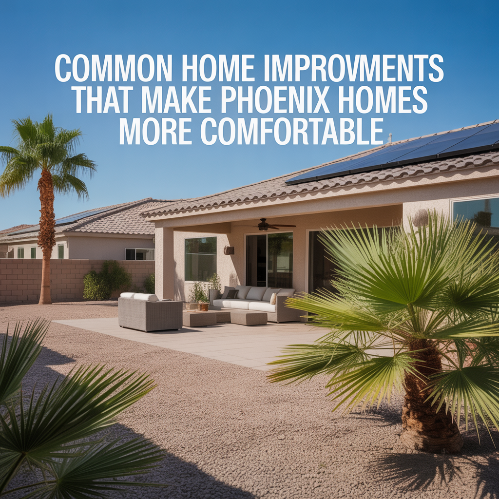 Photorealistic Phoenix home with patio upgrades, solar panels, and desert landscaping representing common improvements that increase comfort in desert climates.