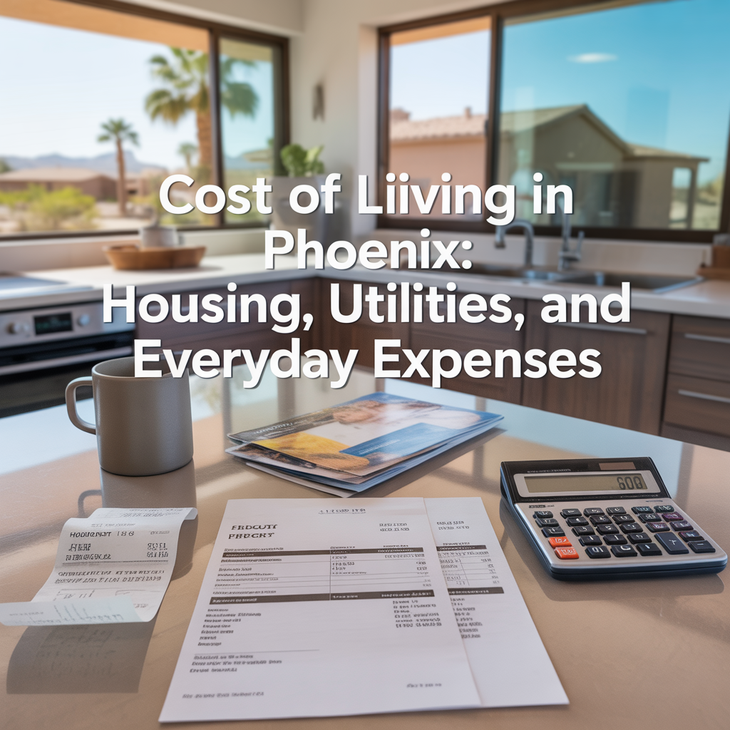 Photorealistic Phoenix home kitchen table with bills, receipts, and a calculator representing housing costs, utilities, and everyday living expenses.