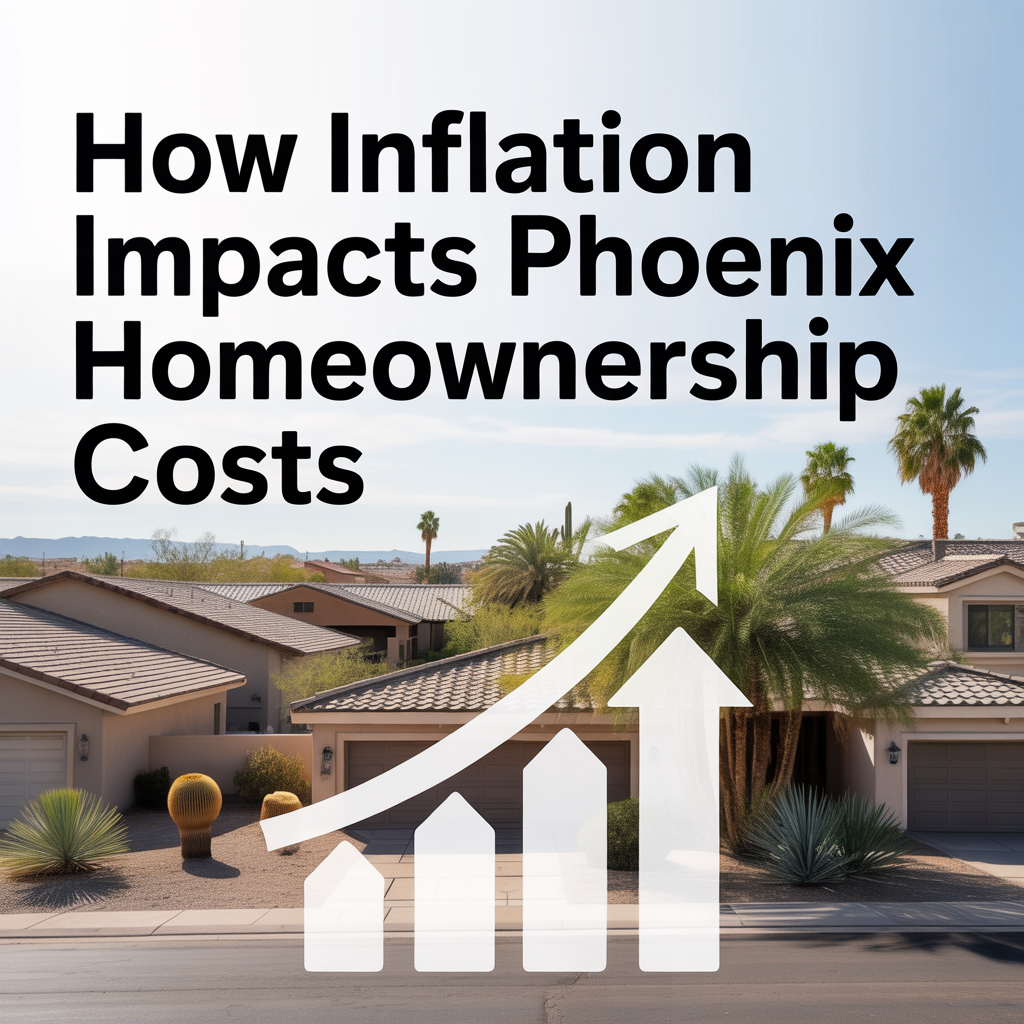 Photorealistic Phoenix neighborhood with desert homes and visual cues representing rising homeownership costs from inflation.