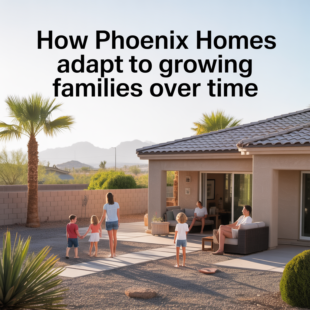 Photorealistic Phoenix home with children playing in the backyard and parents nearby, representing how homes adapt as families grow over time.