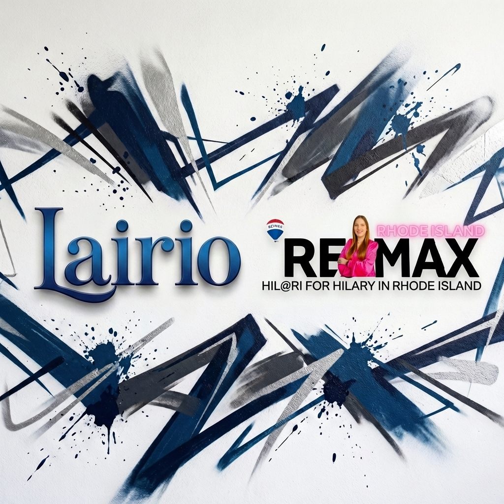 A colorful and artistic mural featuring the words 'Lairio' and 'RE/MAX' with additional text highlighting 'Hil@ri for Hilary in Rhode Island'.