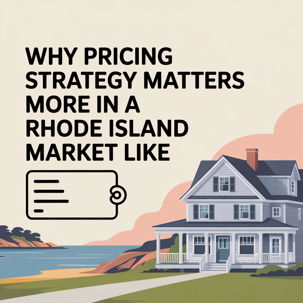 **ALT TEXT** Clean real estate graphic showing a Rhode Island coastal home with a pricing icon, illustrating the importance of pricing strategy in the current market.