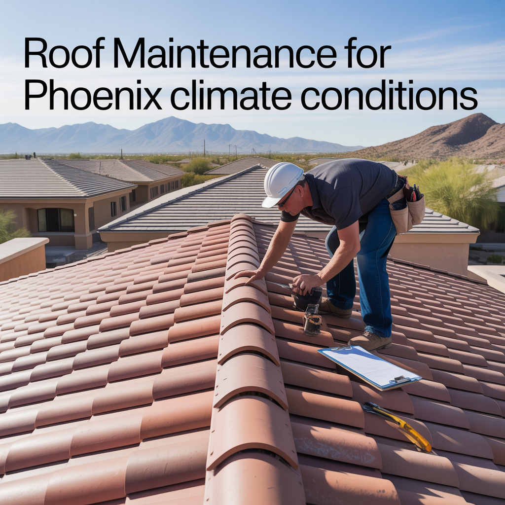 Alt Text Roofing contractor inspecting clay tile roofing on a Phoenix home under bright desert sunlight with desert landscape visible in the background.