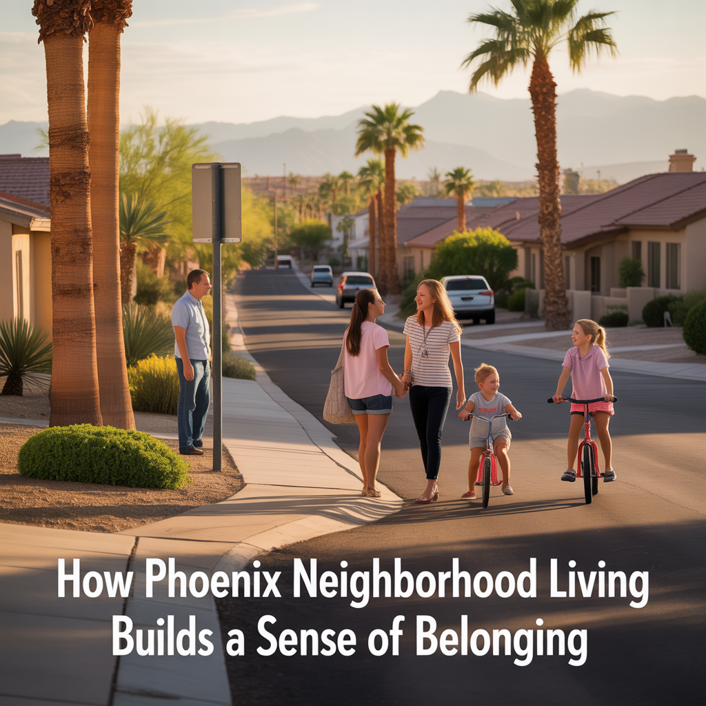 Alt Text Phoenix suburban neighborhood at sunset with neighbors talking on sidewalks and children riding bikes, illustrating how neighborhood living builds a sense of community and belonging.