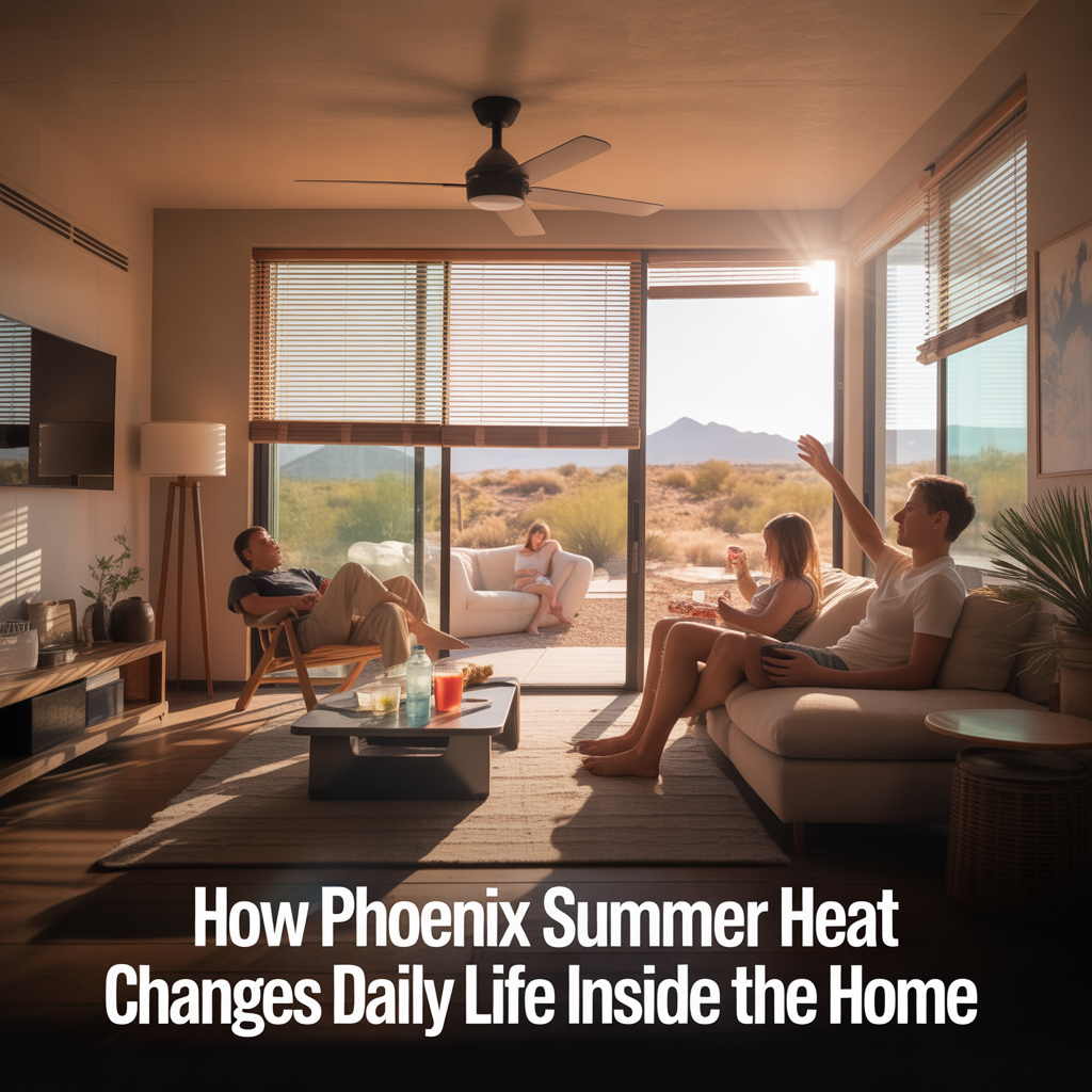 Alt Text Interior of a Phoenix home during extreme summer heat with blinds partially closed, ceiling fans running, and a family relaxing indoors while bright desert sunlight and hot conditions are visible outside.
