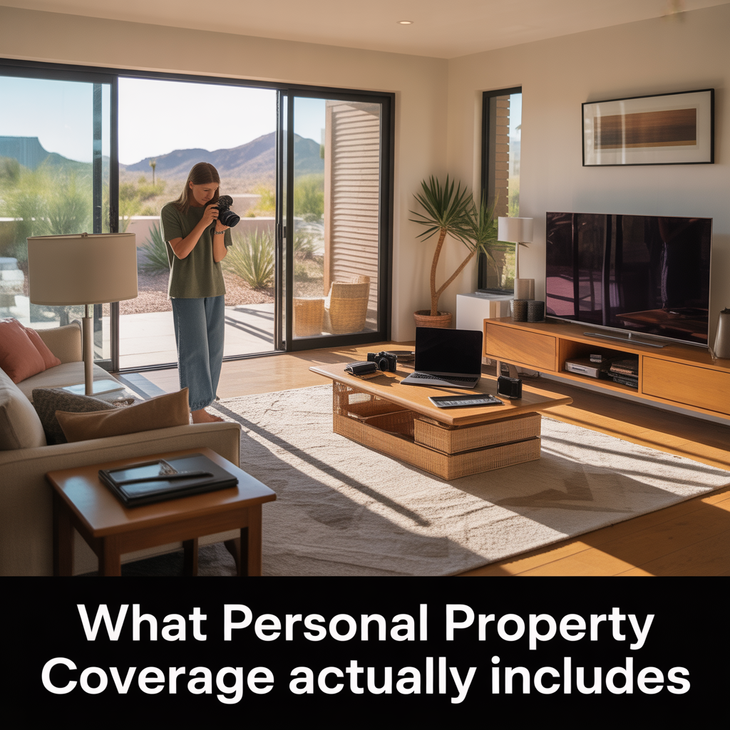 Alt Text Phoenix homeowner documenting household belongings such as electronics, furniture, and valuables in a bright living room to illustrate personal property insurance coverage.