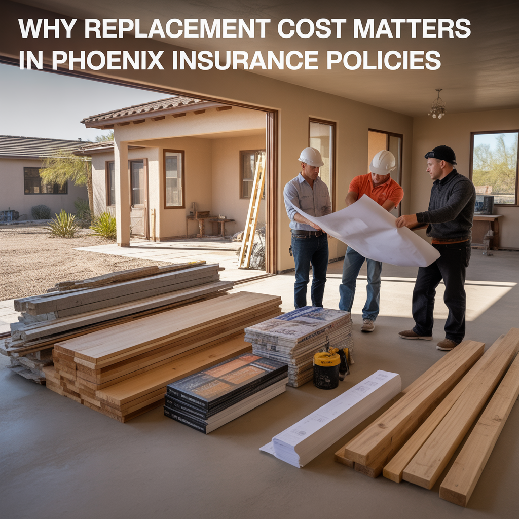 Alt Text Contractors reviewing rebuilding plans inside a Phoenix home with construction materials and desert sunlight coming through large windows, illustrating the importance of replacement cost in insurance policies.