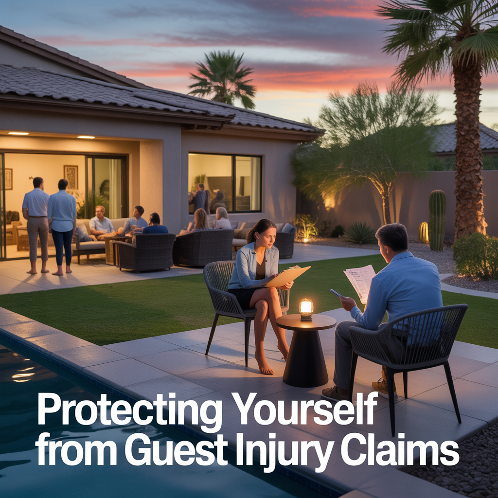 Alt Text Phoenix backyard gathering where a homeowner reviews liability insurance paperwork with an advisor while guests socialize on a patio with a pool and desert landscaping.