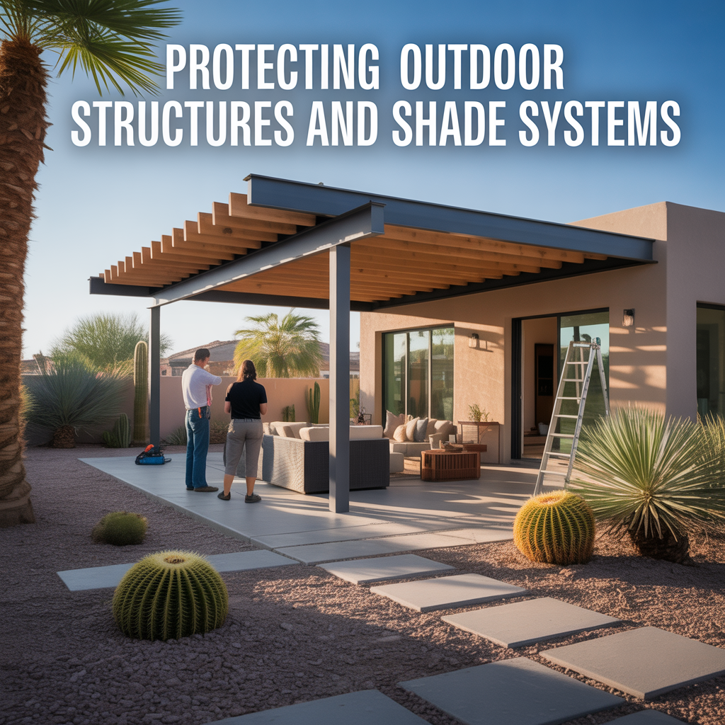 Alt Text Phoenix backyard with a pergola and patio shade structure being inspected by a homeowner and contractor to maintain outdoor structures in a desert climate.