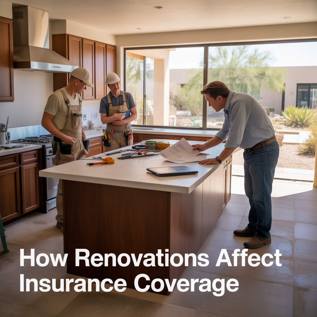 Alt Text Phoenix homeowner reviewing renovation plans and insurance paperwork inside a kitchen being remodeled with contractors installing cabinets and construction tools visible.