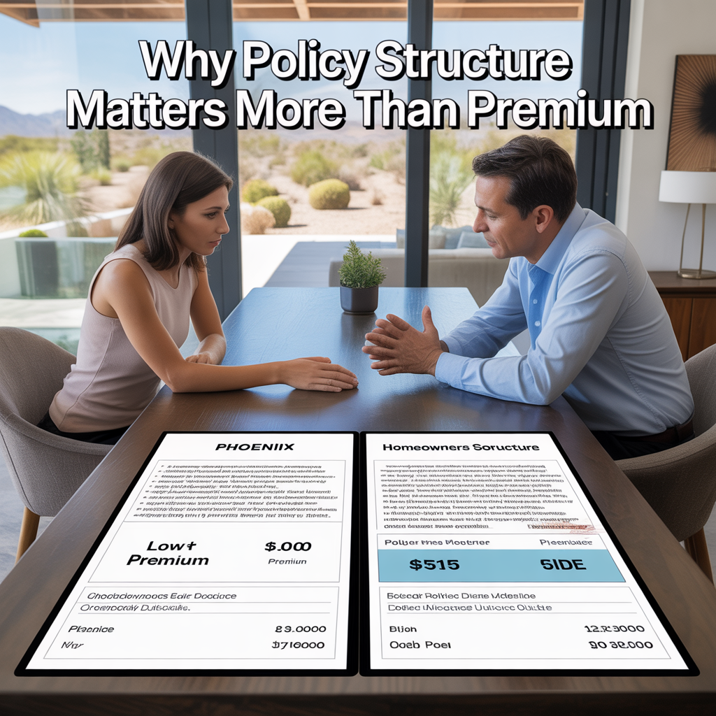 Alt Text Phoenix homeowner comparing two homeowners insurance policies at a dining table with an advisor, illustrating how coverage structure matters more than price alone.