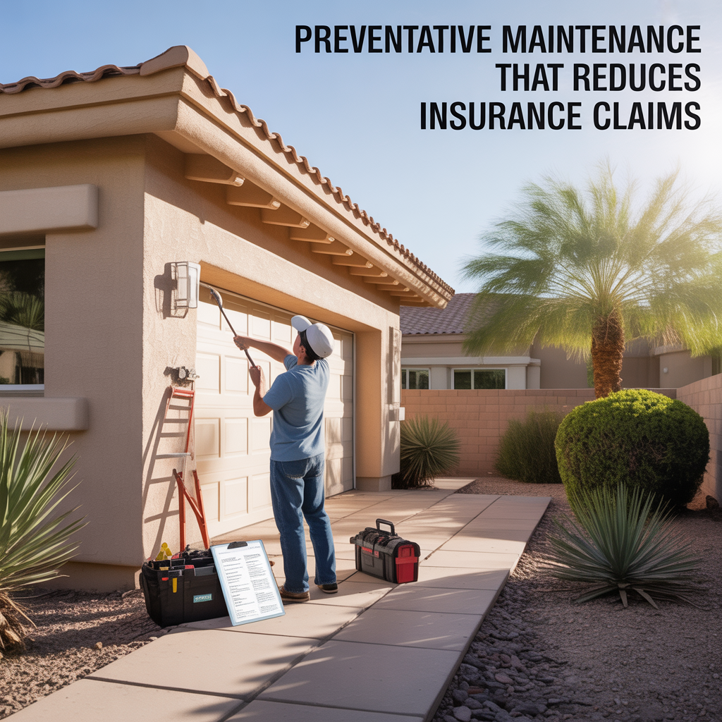 Alt Text Phoenix homeowner inspecting roof tiles and clearing drainage areas around a desert landscaped home to perform preventative maintenance and reduce insurance claim risks.