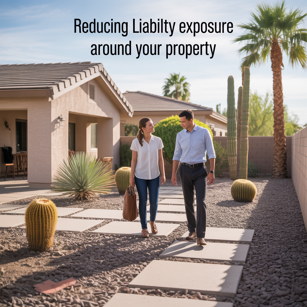 Alt Text Phoenix homeowner and insurance advisor inspecting pool fencing, walkways, and patio steps around a desert landscaped property to reduce liability risks.