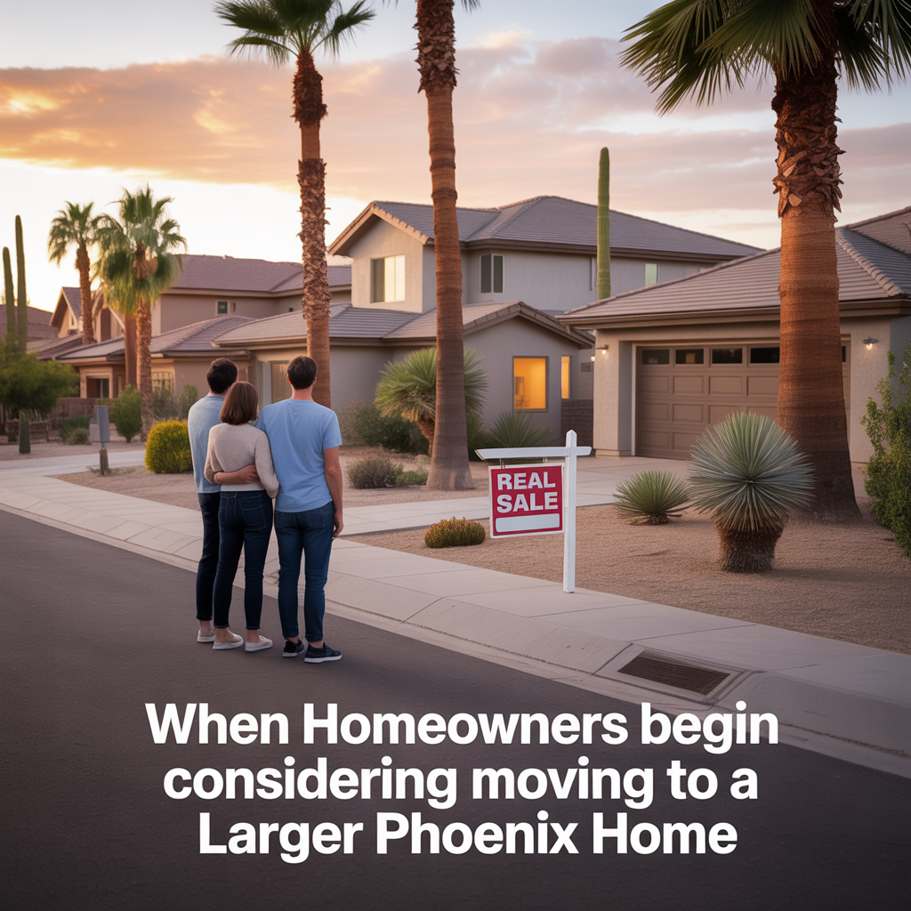 Alt Text Family standing outside their Phoenix home at sunset looking toward a larger nearby house with a real estate sign, representing homeowners beginning to consider upgrading to a bigger home.