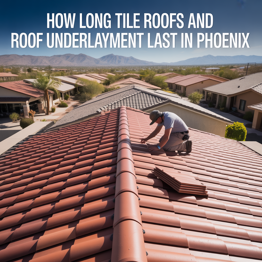 ALT TEXT Photorealistic Phoenix clay tile roof with lifted tiles exposing the underlayment during a roof inspection, illustrating how long tile roofs and roof underlayment last in Phoenix homes.