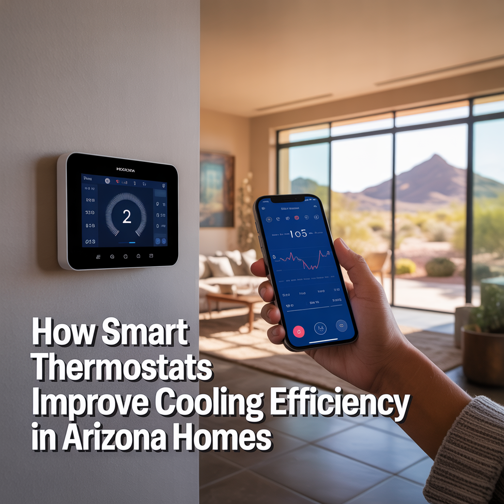 ALT TEXT Photorealistic Phoenix home interior showing a smart thermostat being controlled from a smartphone, illustrating how smart thermostats improve cooling efficiency in Arizona homes.