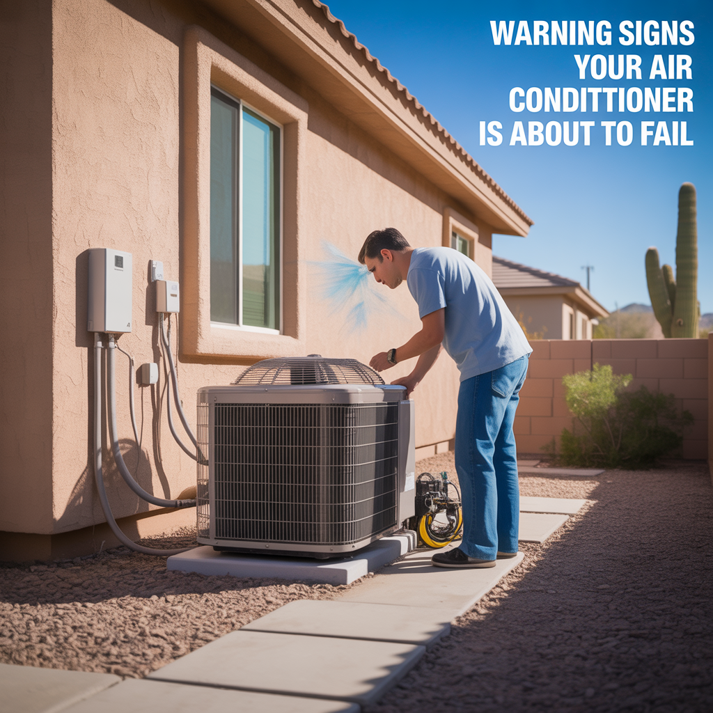 ALT TEXT Photorealistic Phoenix homeowner inspecting an outdoor air conditioning condenser beside a stucco home under intense desert sun, representing warning signs an air conditioner may be about to fail.