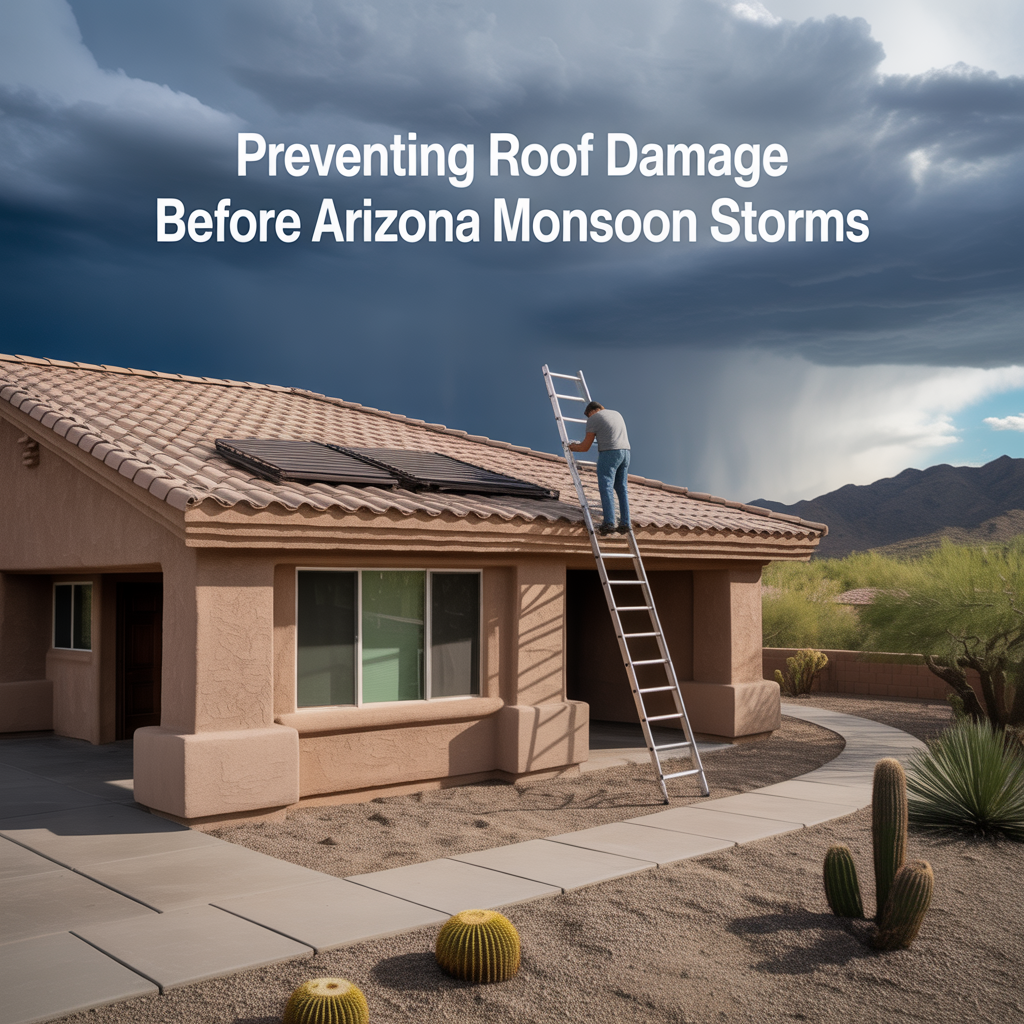 ALT TEXT Photorealistic Phoenix homeowner inspecting a clay tile roof with monsoon storm clouds forming in the background, illustrating how homeowners can prevent roof damage before Arizona monsoon storms.