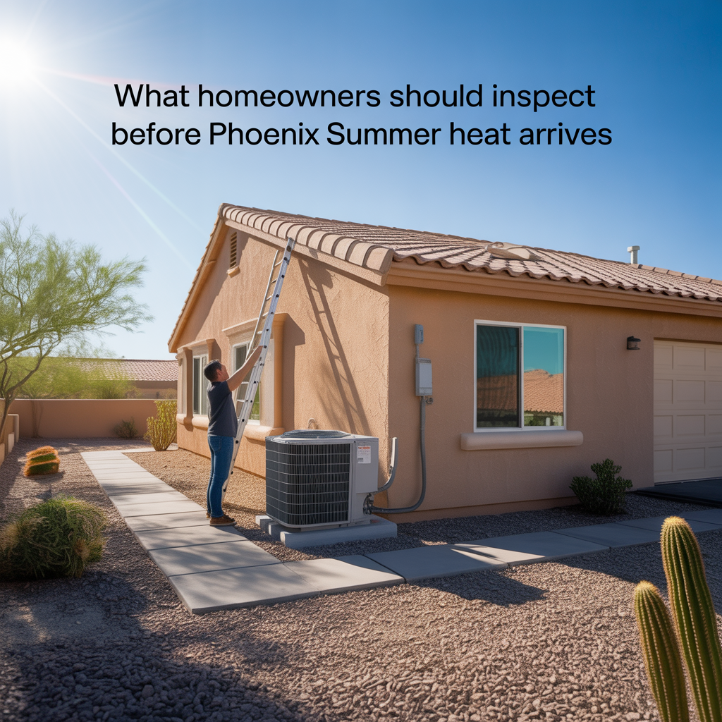 ALT TEXT Photorealistic Phoenix homeowner inspecting an outdoor HVAC unit and roof tiles beside a stucco home in bright desert sunlight, representing preparing a home before Phoenix summer heat arrives.