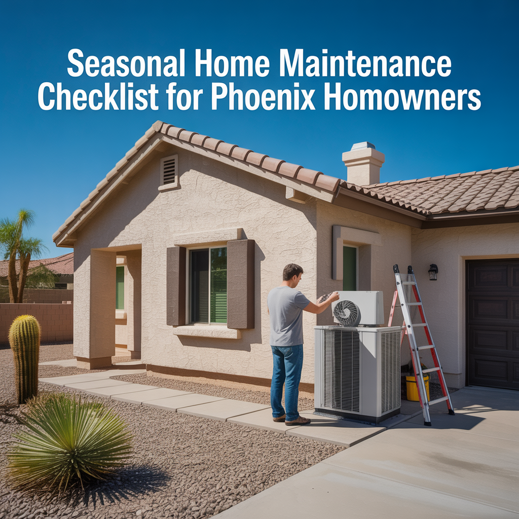 ALT TEXT Photorealistic Phoenix home with a homeowner inspecting an HVAC unit and roof under bright desert sunlight, representing a seasonal home maintenance checklist for Phoenix homeowners.