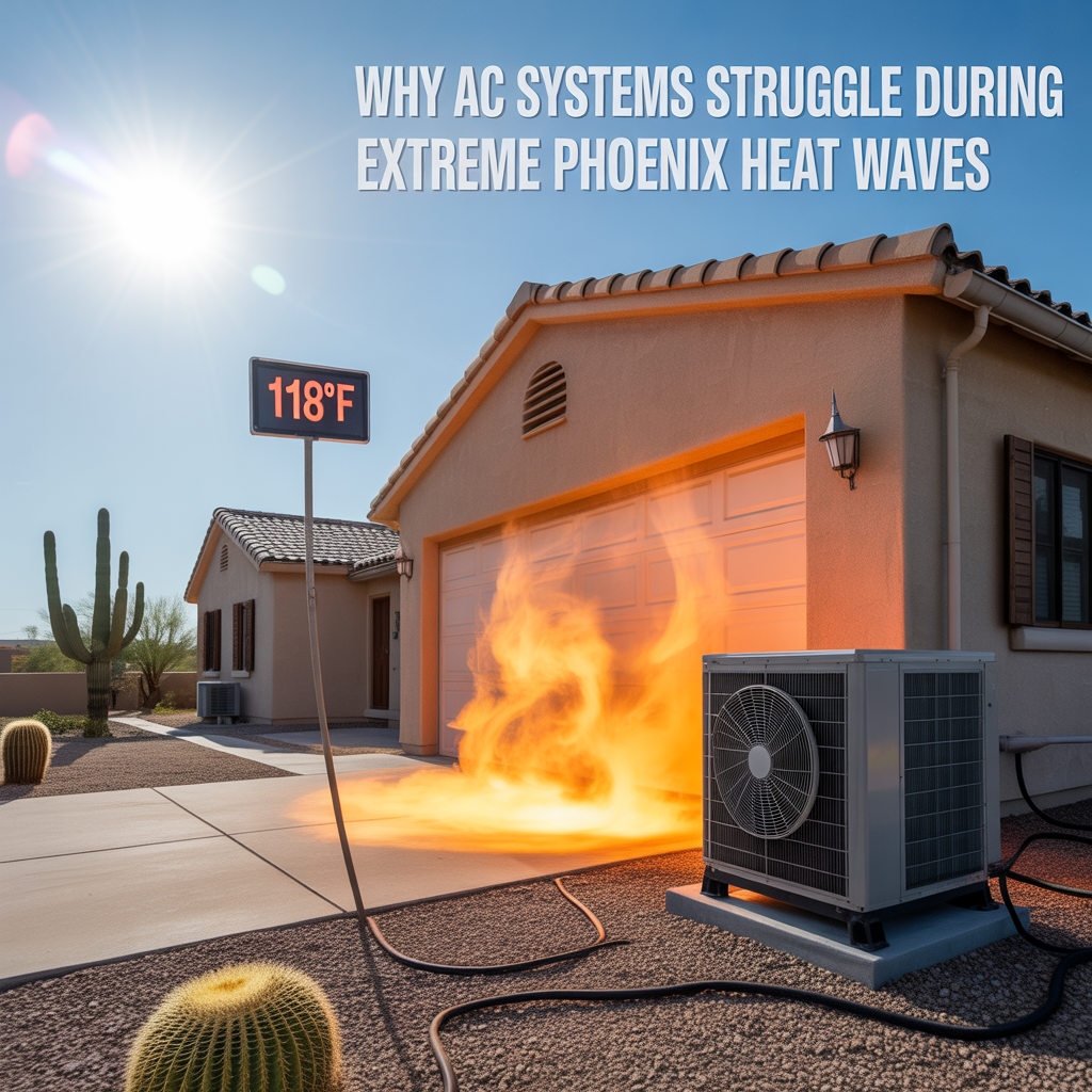 ALT TEXT Photorealistic Phoenix neighborhood during extreme summer heat with a temperature display showing 118&deg;F and heat waves rising from rooftops, illustrating why AC systems struggle during Phoenix heat waves.