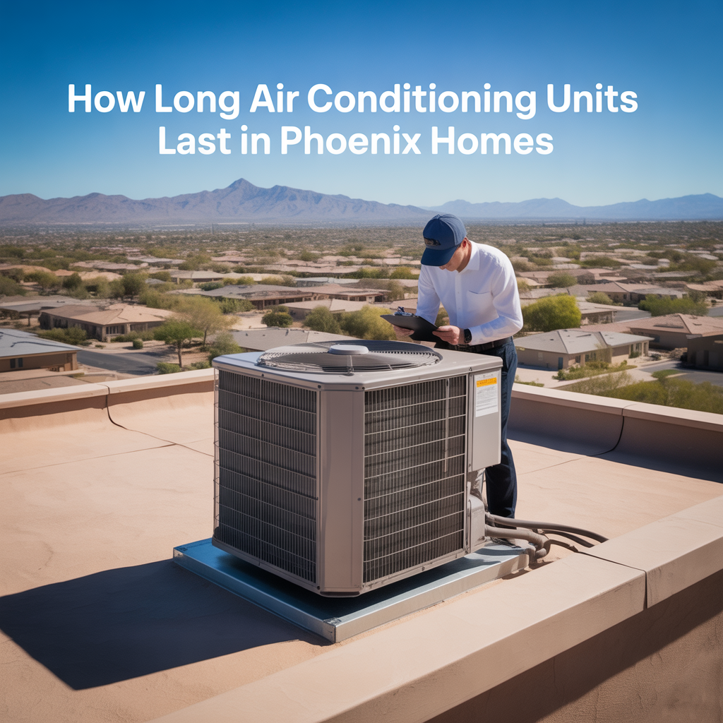ALT TEXT Photorealistic rooftop HVAC unit being inspected on a Phoenix home under intense desert sunlight, illustrating the typical lifespan of air conditioning systems in Phoenix homes.