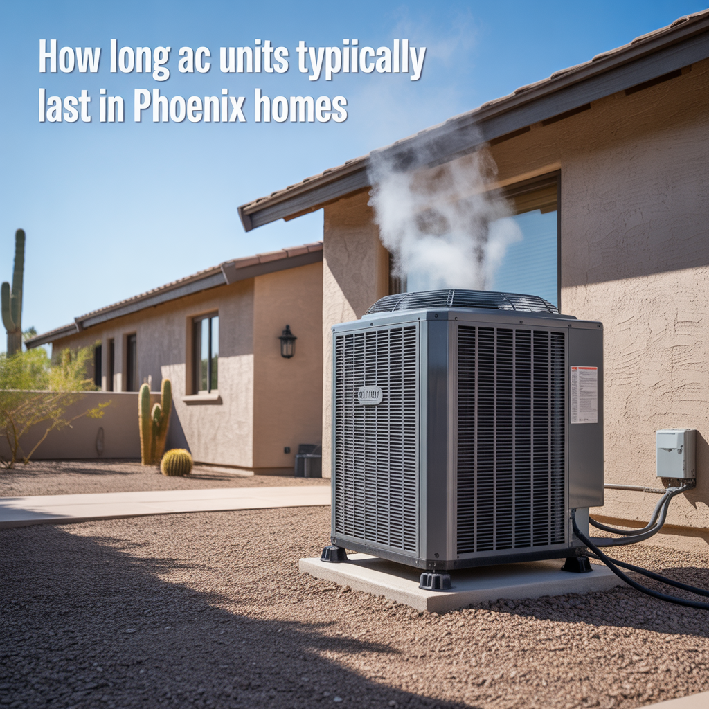 ALT TEXT Photorealistic image of a residential air conditioning condenser next to a stucco home in Phoenix with desert landscaping and bright sun, representing the lifespan of AC units in extreme Arizona heat.