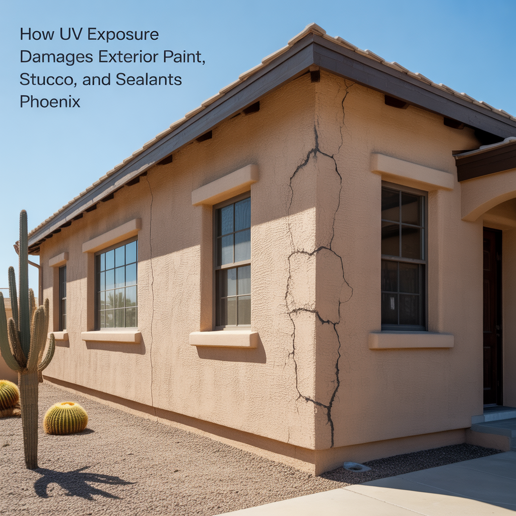 ALT TEXT Photorealistic Phoenix stucco home with faded paint and cracked sealant around windows under intense desert sunlight, illustrating how UV exposure damages exterior paint, stucco, and caulking in Arizona homes.