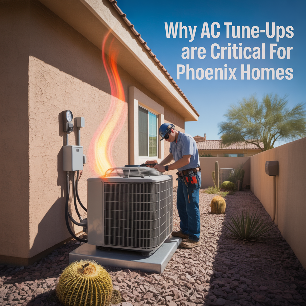 ALT TEXT Photorealistic HVAC technician servicing an outdoor air conditioning condenser beside a Phoenix stucco home in bright desert sunlight, illustrating why AC tune-ups are critical for Phoenix homes.