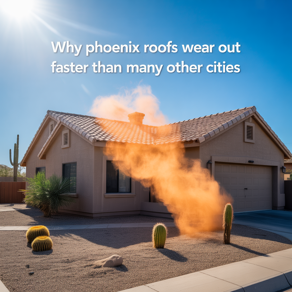 ALT TEXT Photorealistic Phoenix home with a clay tile roof under intense desert sun and heat shimmer, illustrating how extreme Arizona heat and UV exposure cause roofs to wear out faster than in other cities.