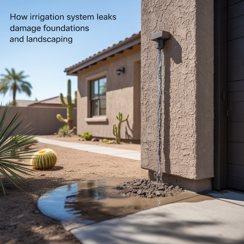 ALT TEXT Photorealistic Phoenix home with a leaking irrigation drip line soaking soil near the foundation and desert landscaping, illustrating how irrigation leaks can damage foundations and landscaping in Arizona homes.