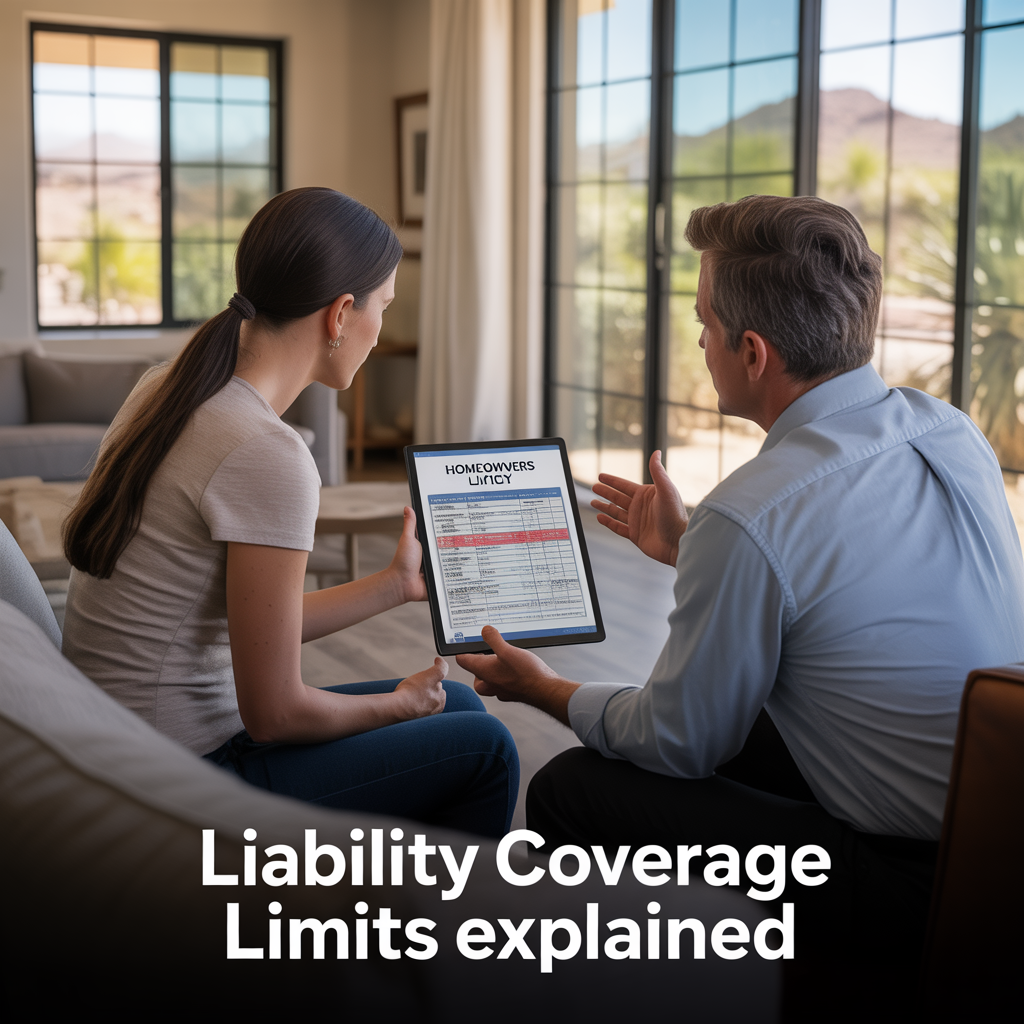 Alt Text Phoenix homeowner reviewing liability coverage limits with an insurance advisor using documents and a tablet inside a sunlit living room with desert landscaping outside.