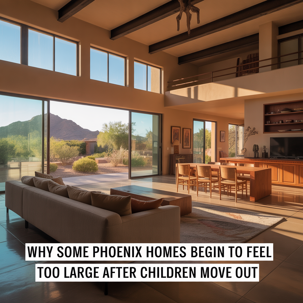 Alt Text Spacious Phoenix home interior with empty living and dining areas and desert sunlight through large windows, representing a house that feels too large after children move out.